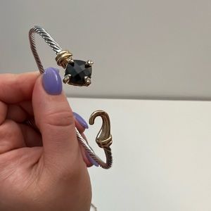 Silver & Gold Cable Bangle Hook Bracelet with Black Stone